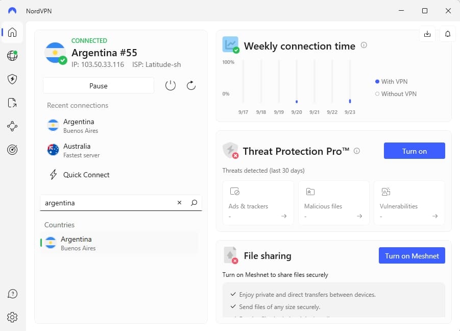 Windows의 NordVPN 메인 화면