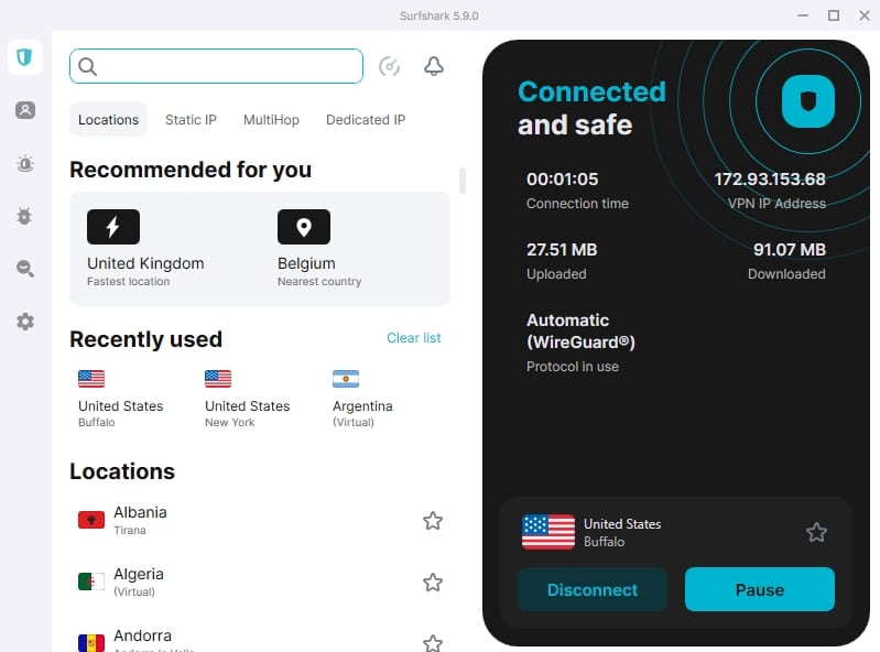 Windows의 Surfshark 메인 패널