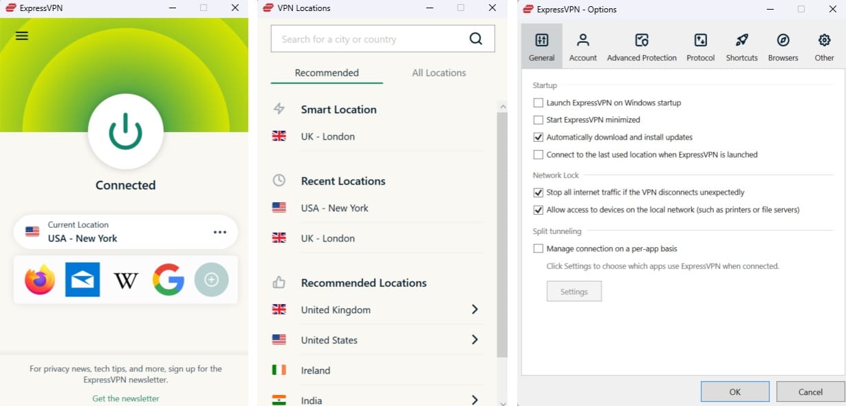 Windows의 ExpressVPN 메인 패널