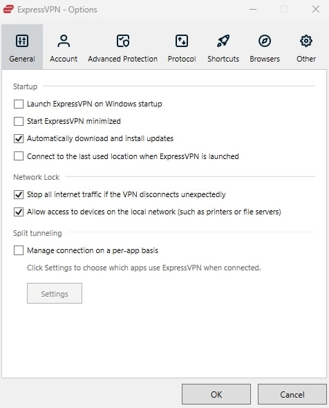 ExpressVPN 일반 옵션.
