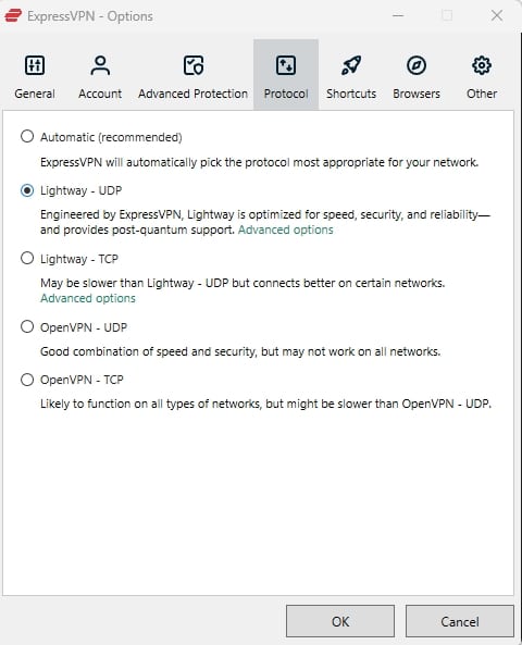 ExpressVPN 연결 프로토콜.