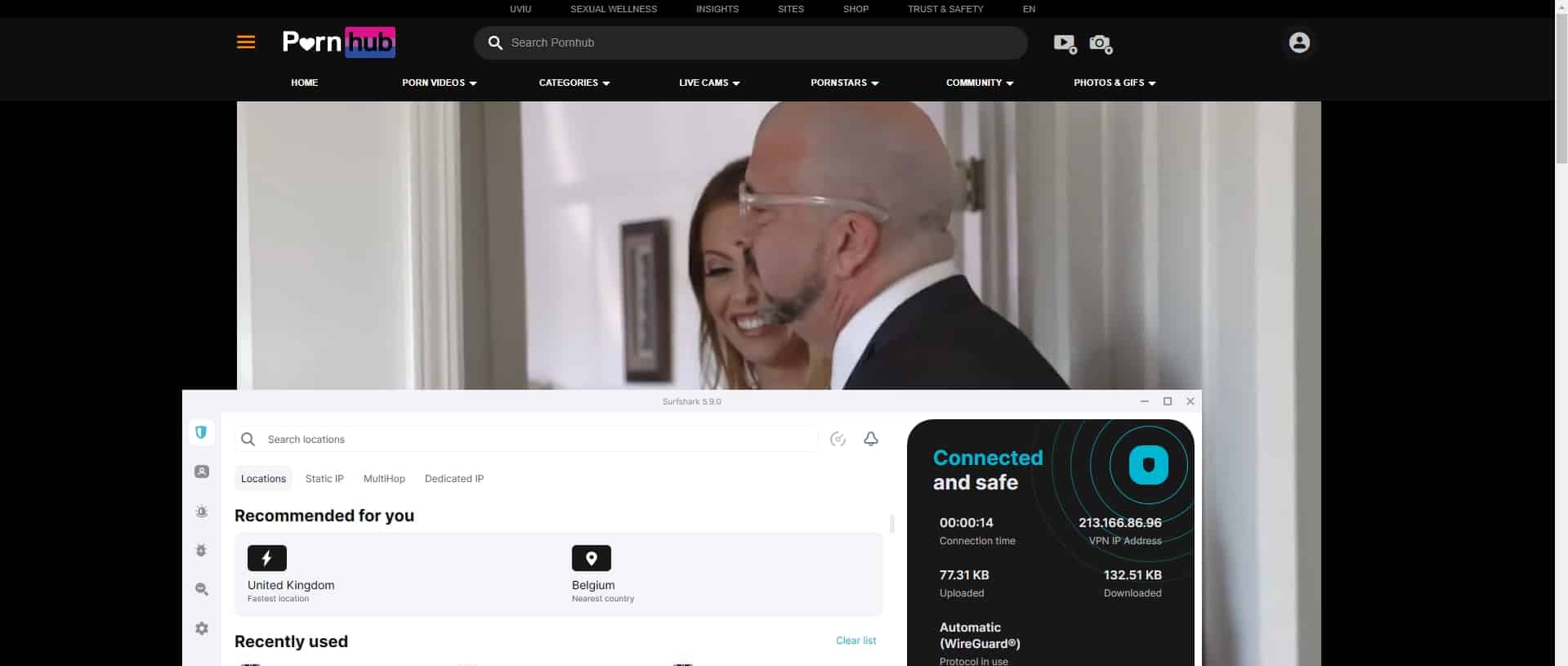 Surfshark가 활성화된 상태에서 Pornhub 스트리밍