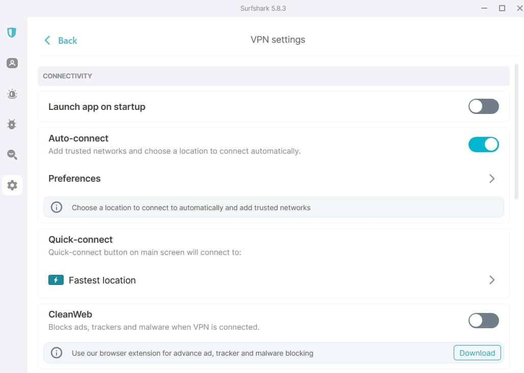 Surfshark의 VPN 설정.