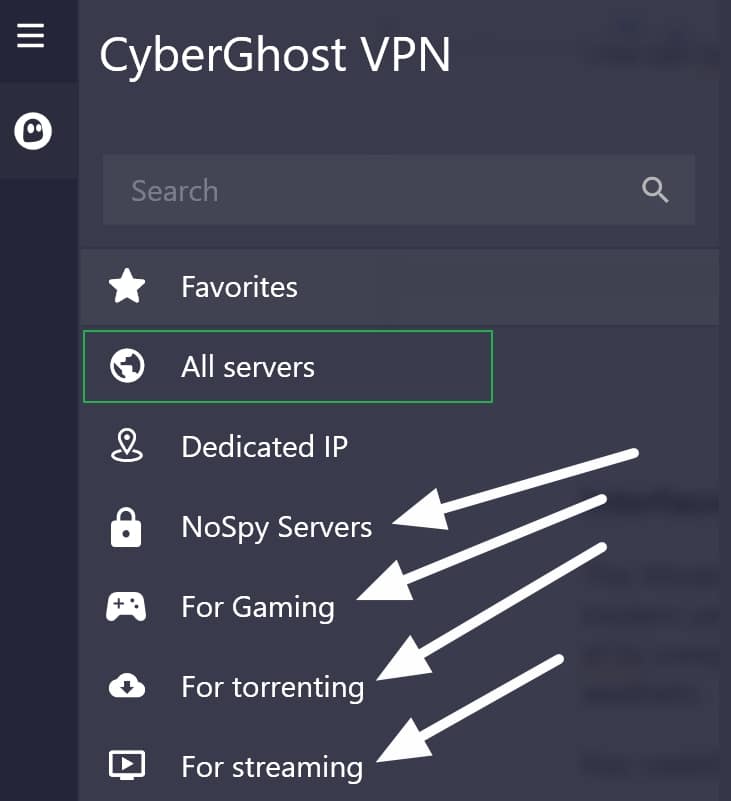 cyberghost server options