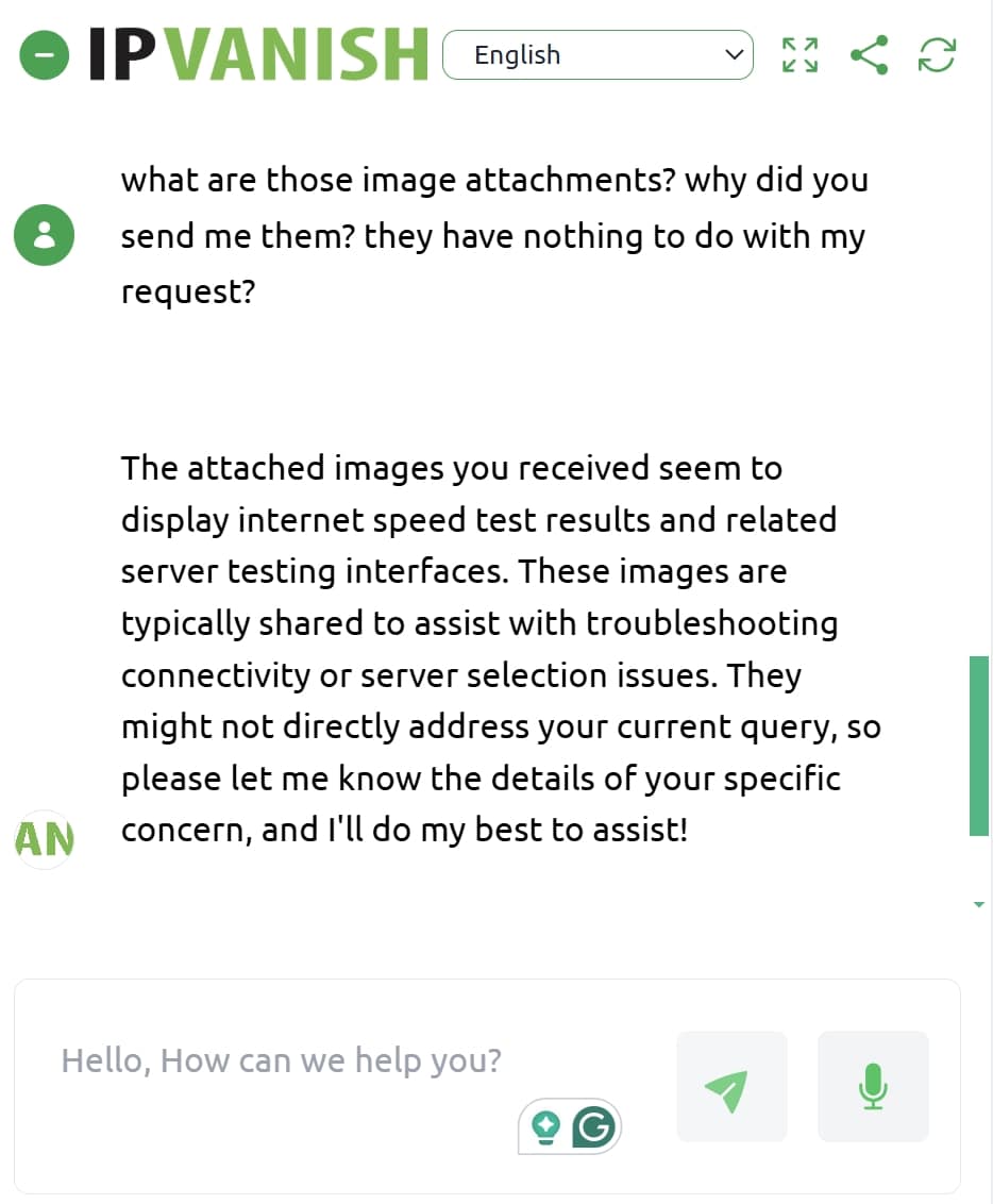 IPVanish live chat screenshot