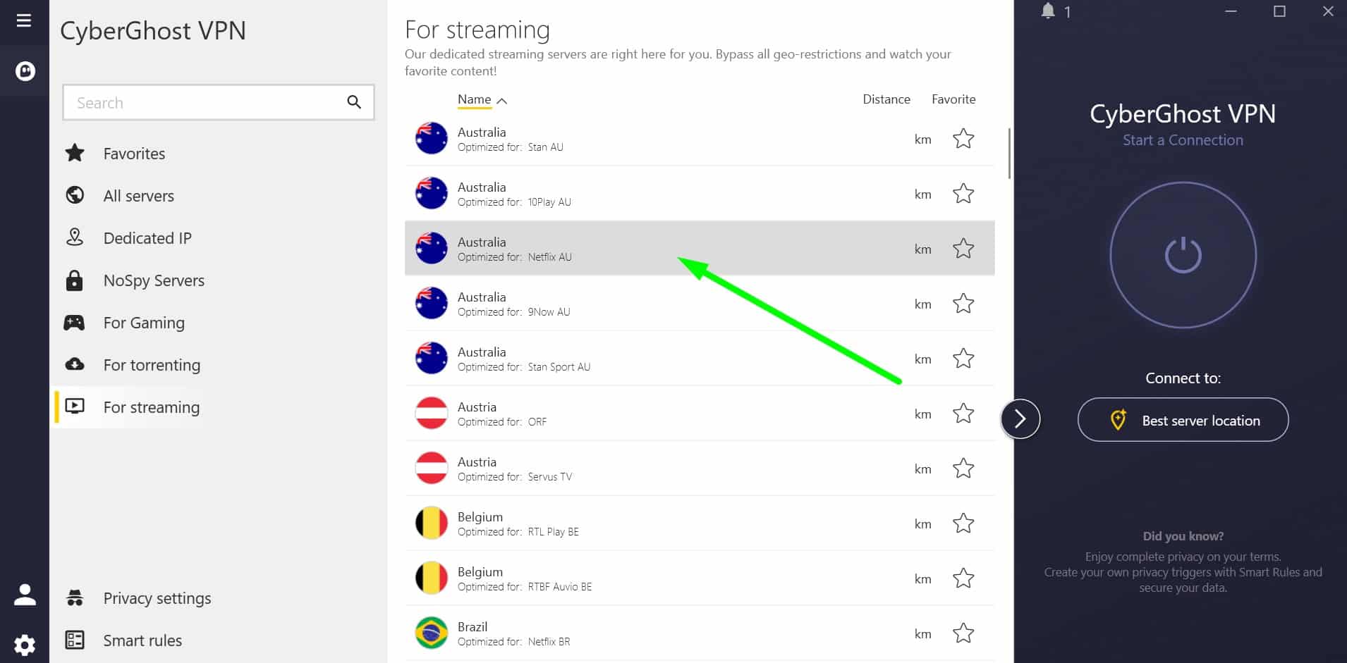Screenshot of CyberGhost's australian streaming servers