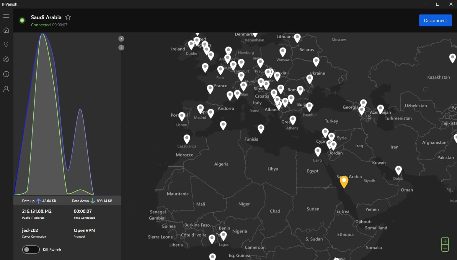 The IPVanish server map.