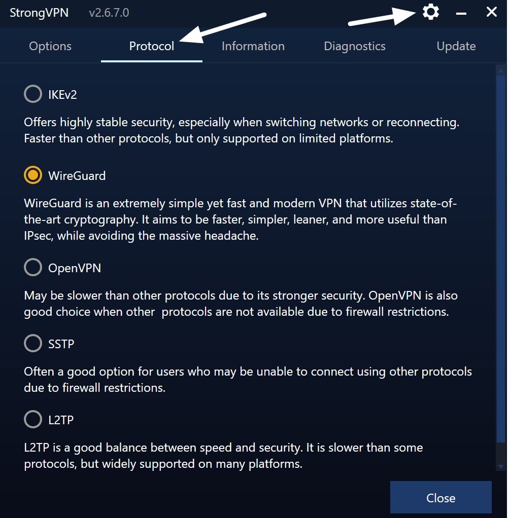 strongvpn protocol selection