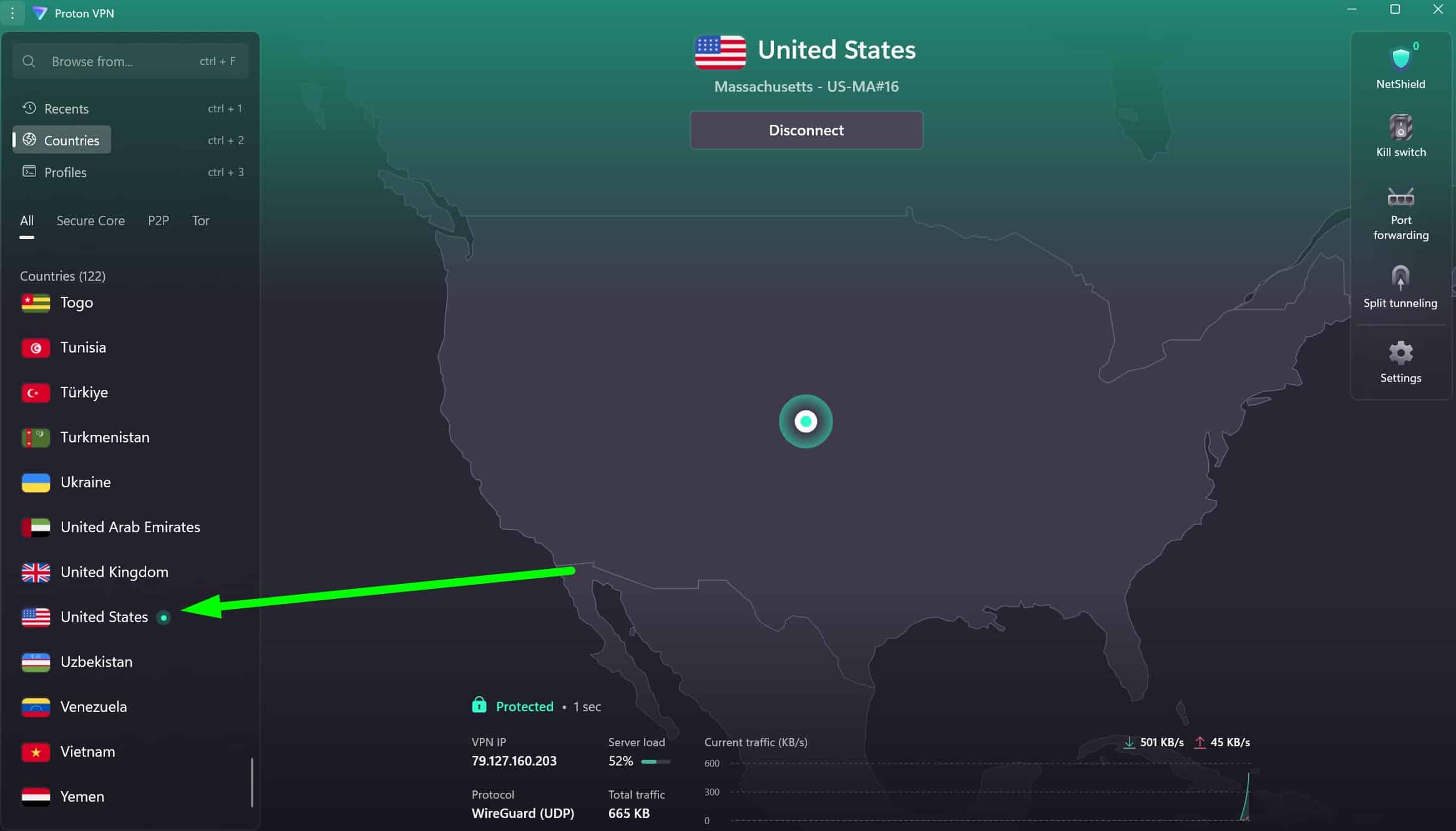 Screenshot showing ProtonVPN's United States servers