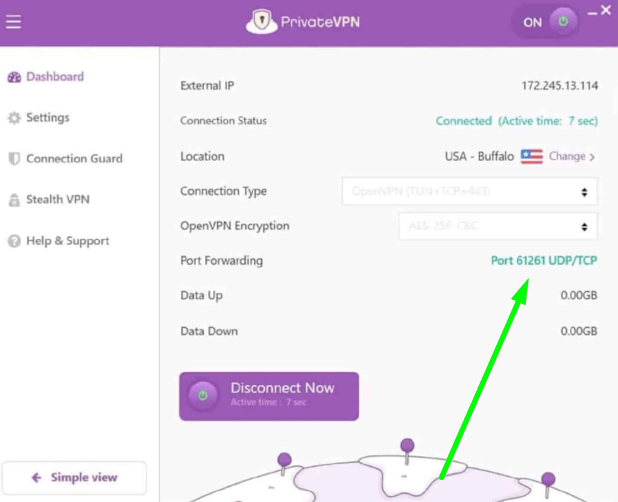 Screenshot showing PrivateVPN's port forwarding options