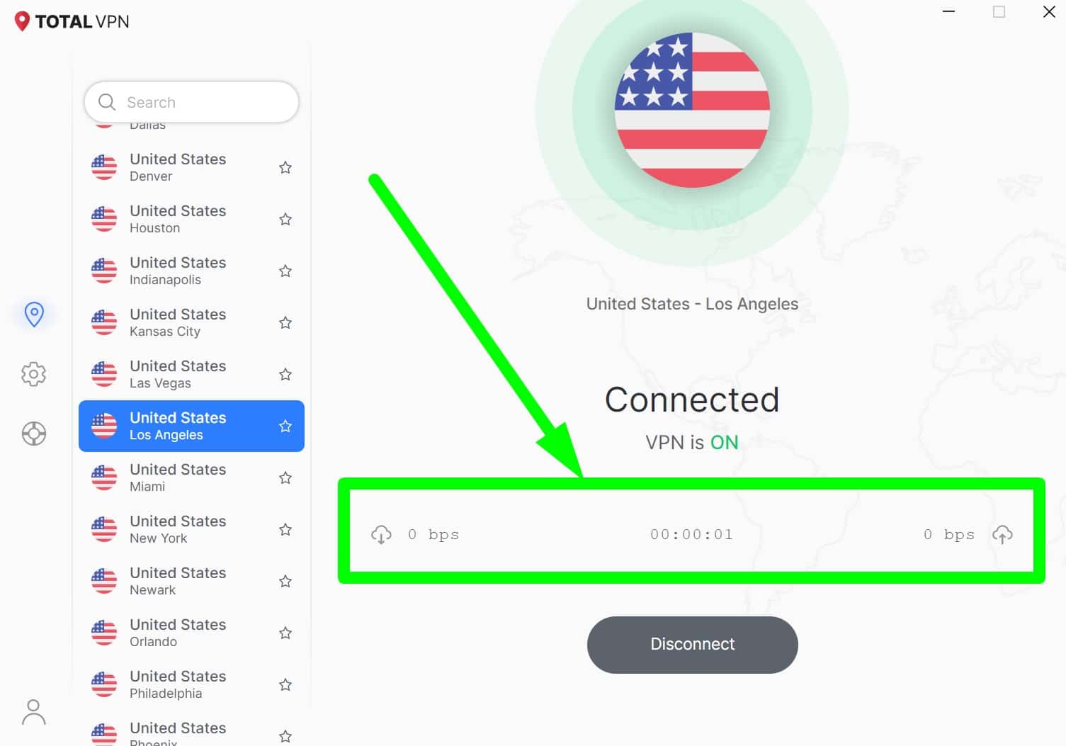 Screenshot showing Total VPN's connection info panel