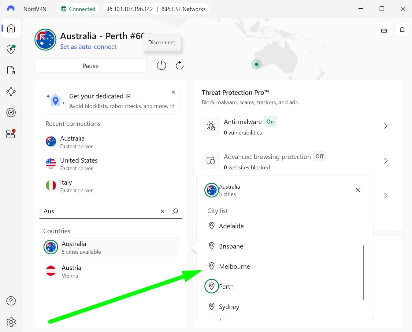 Screenshot showing NordVPN's Australian servers